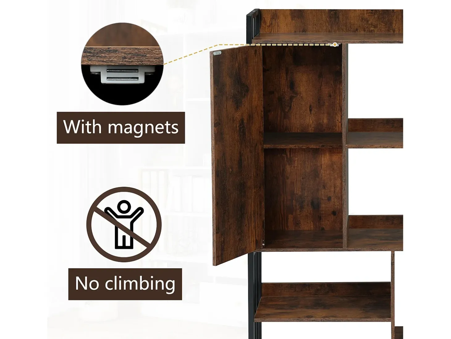 Estante com 5 prateleiras, 1 porta e 2 gavetas - estilo industrial - Castanho e Preto