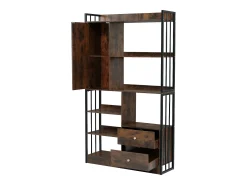 Estante com 5 prateleiras, 1 porta e 2 gavetas - estilo industrial - Castanho e Preto