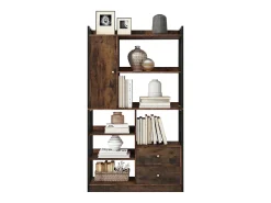 Estante com 5 prateleiras, 1 porta e 2 gavetas - estilo industrial - Castanho e Preto