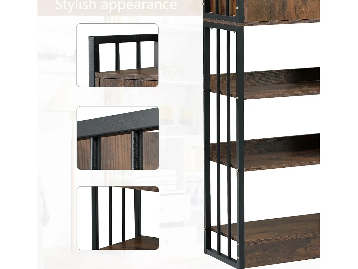 Estante com 5 prateleiras, 1 porta e 2 gavetas - estilo industrial - Castanho e Preto
