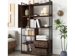 Estante com 5 prateleiras, 1 porta e 2 gavetas - estilo industrial - Castanho e Preto