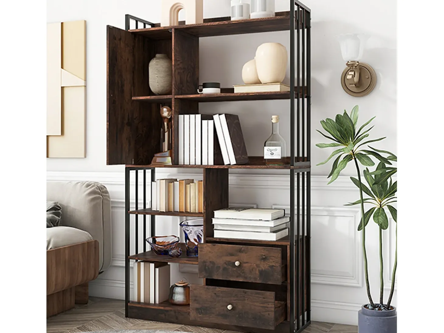 Estante com 5 prateleiras, 1 porta e 2 gavetas - estilo industrial - Castanho e Preto
