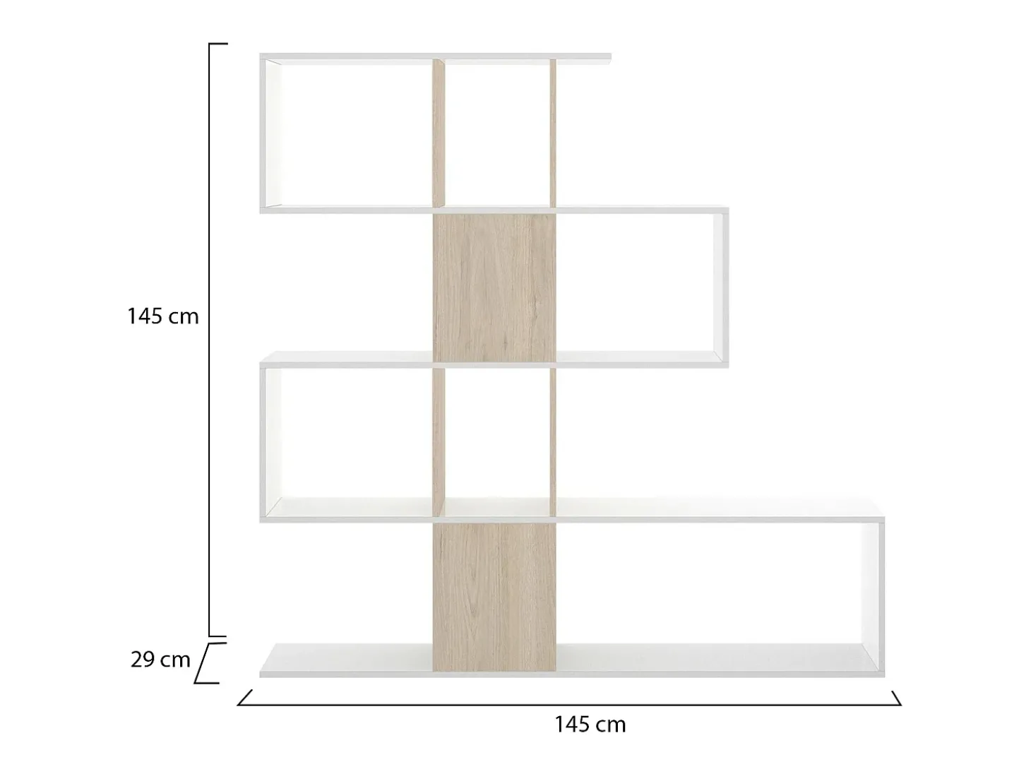 Estante Damago, Estante com 7 compartimentos, Estante de escritório moderna, Móvel de parede com prateleiras, 145x29h145 cm, Branco e Carvalho