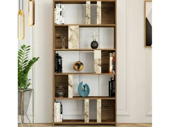 Estante Dbellusc, Estante de escritório, Estante de livros, Biblioteca, 90x20h180 cm, Nogueira e Mármore Branco