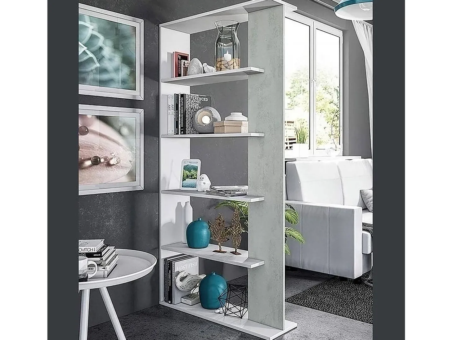 Estante Dblanc, Estante dupla face com 5 prateleiras, Prateleira divisória para escritório ou quarto, 90x25h180 cm, Branco e Cimento