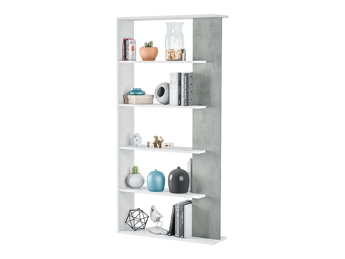 Estante Dblanc, Estante dupla face com 5 prateleiras, Prateleira divisória para escritório ou quarto, 90x25h180 cm, Branco e Cimento