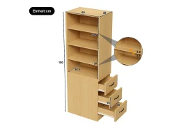 Estante de 180 cm de altura - con 3 gavetas laterais - Prateleiras ajustáveis - Reversível esquerdo/direito - Natural