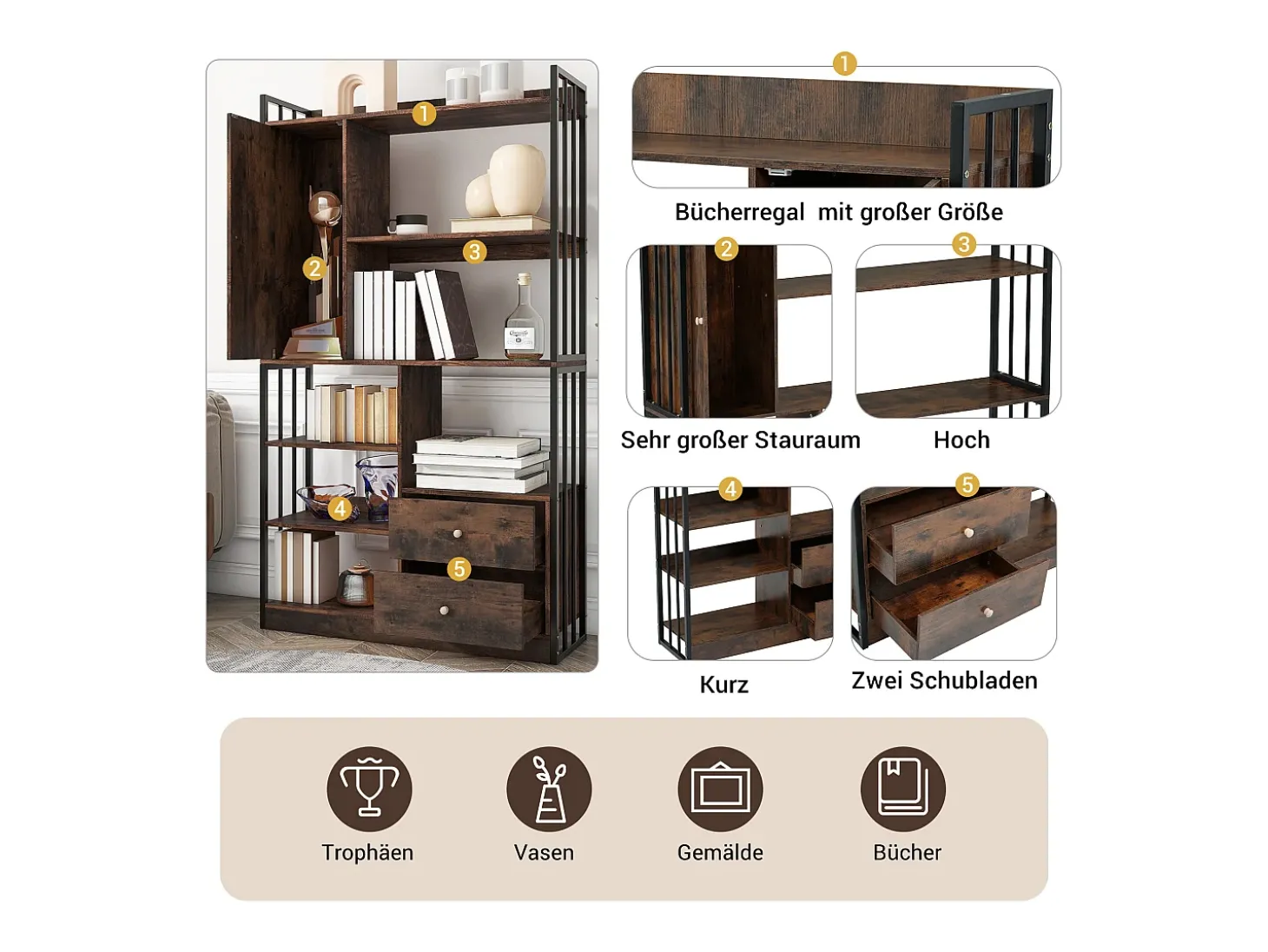 Estante de 6 prateleiras com uma porta e 2 gavetas - 100 x 30 x 173,5 - Aglomerado e metal - marrom + preto