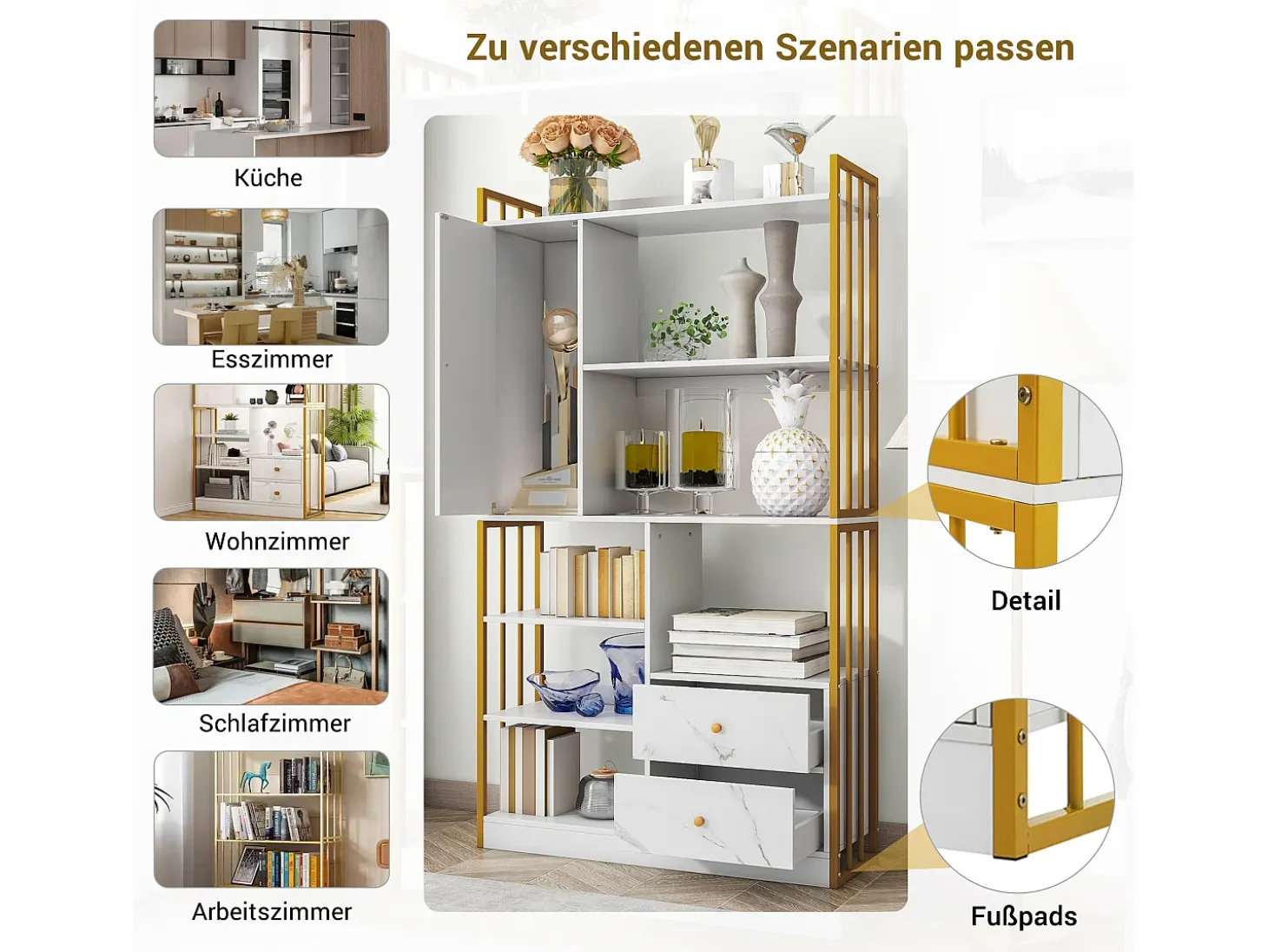 Estante de 6 prateleiras com uma porta e 2 gavetas - 100 x 30 x 173,5 - Aglomerado e metal - ouro + branco
