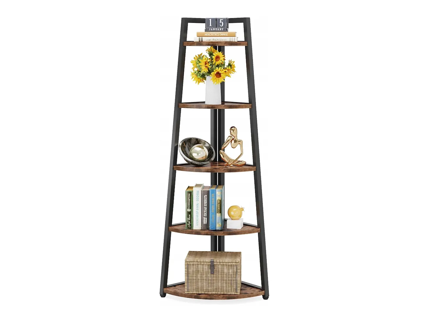 Estante de canto com 176 cm de altura - Estante de canto rústica com 5 níveis - Estante de canto industrial