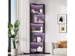 Estante de canto moderna - 63,5 x 45 x 175 cm - com LEDs + 5 prateleiras - MDF - preta