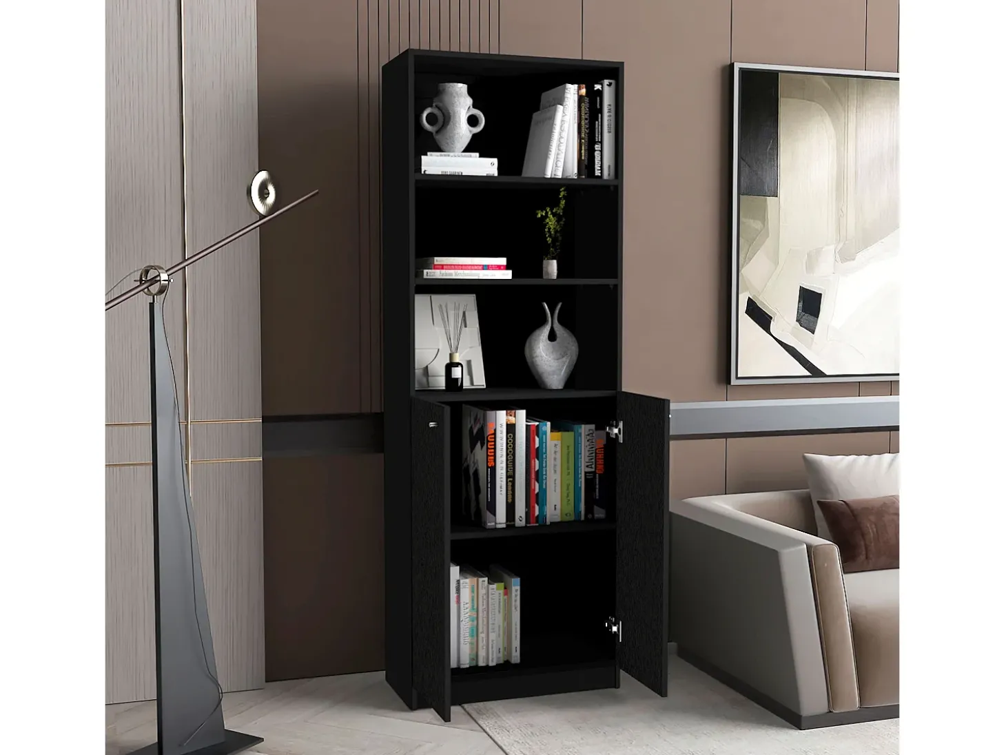 Estante de casa de banho em melamina com armário inferior e 3 prateleiras exteriores , 180.59 cm X 62.78 cm X 29.89 cm , Preto