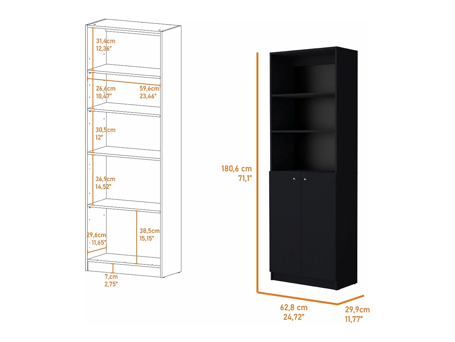 Estante de casa de banho em melamina com armário inferior e 3 prateleiras exteriores , 180.59 cm X 62.78 cm X 29.89 cm , Preto