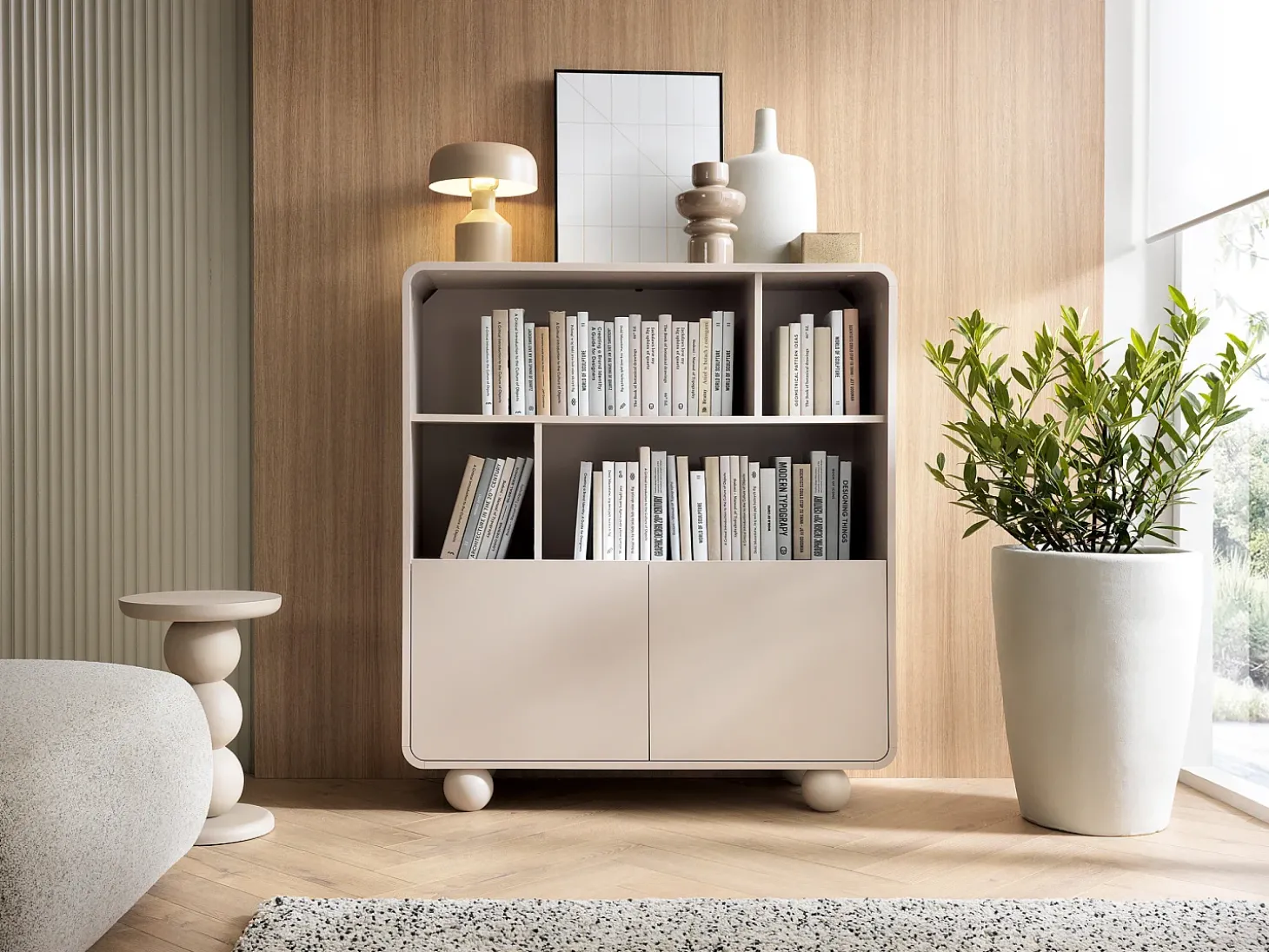 Estante de caxemira com prateleiras e armário – Design moderno, pernas em formato de bola, 108 x 121 x 39 cm