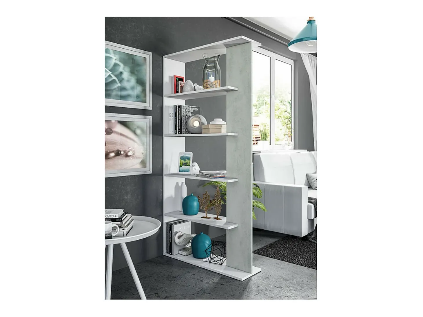 Estante de cimento/branco com 5 prateleiras individuais, 90x25x180 cm