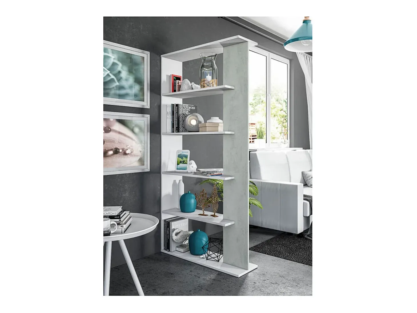 Estante de cimento/branco com 5 prateleiras individuais, 90x25x180 cm