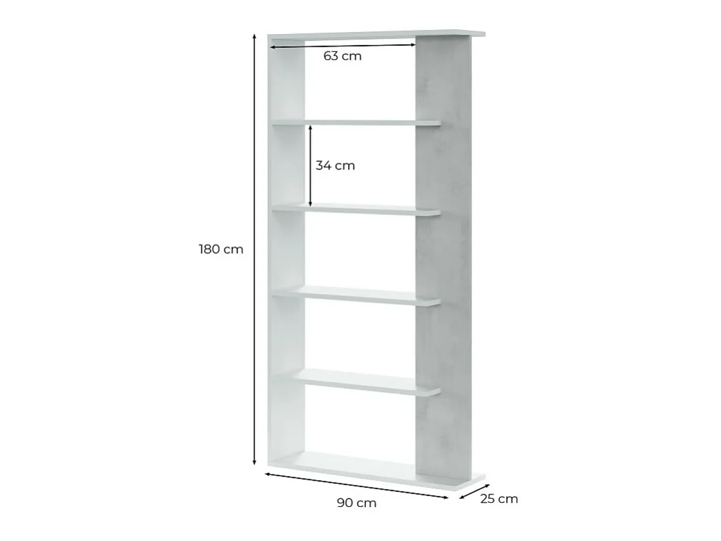 Estante de cimento/branco com 5 prateleiras individuais, 90x25x180 cm