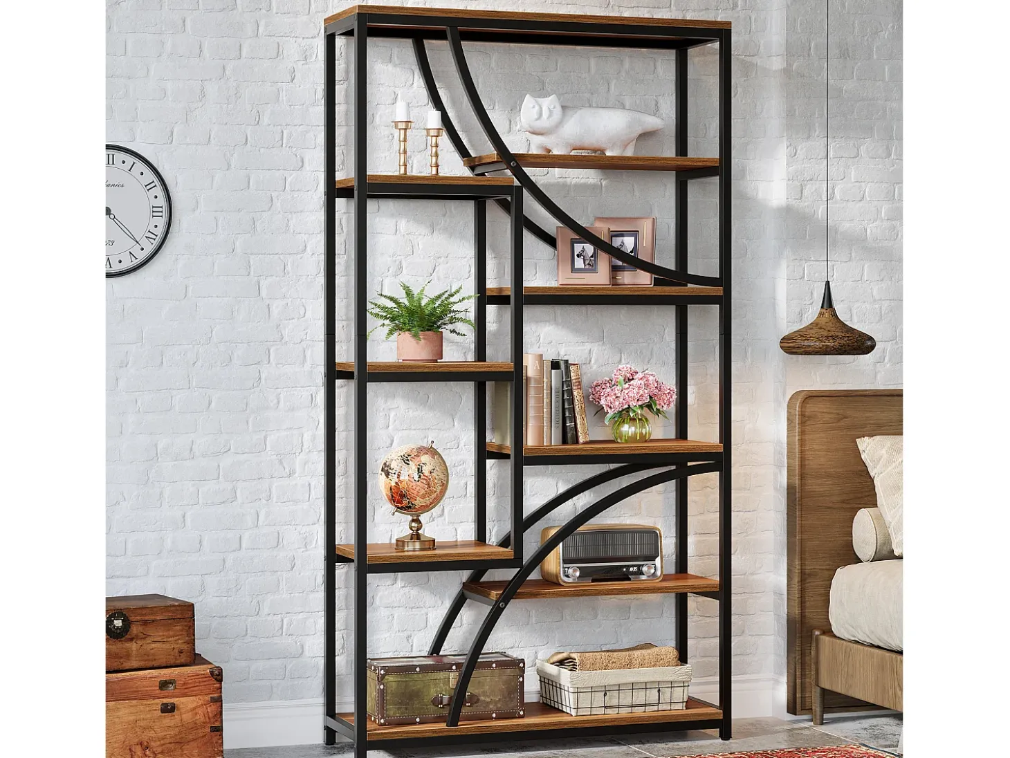 Estante de Livros de 180 cm de Altura, Estante Industrial de 9 Andares, Grandes Estantes Geométricas com Gaveta Aberta, Estante de Exposição Independente