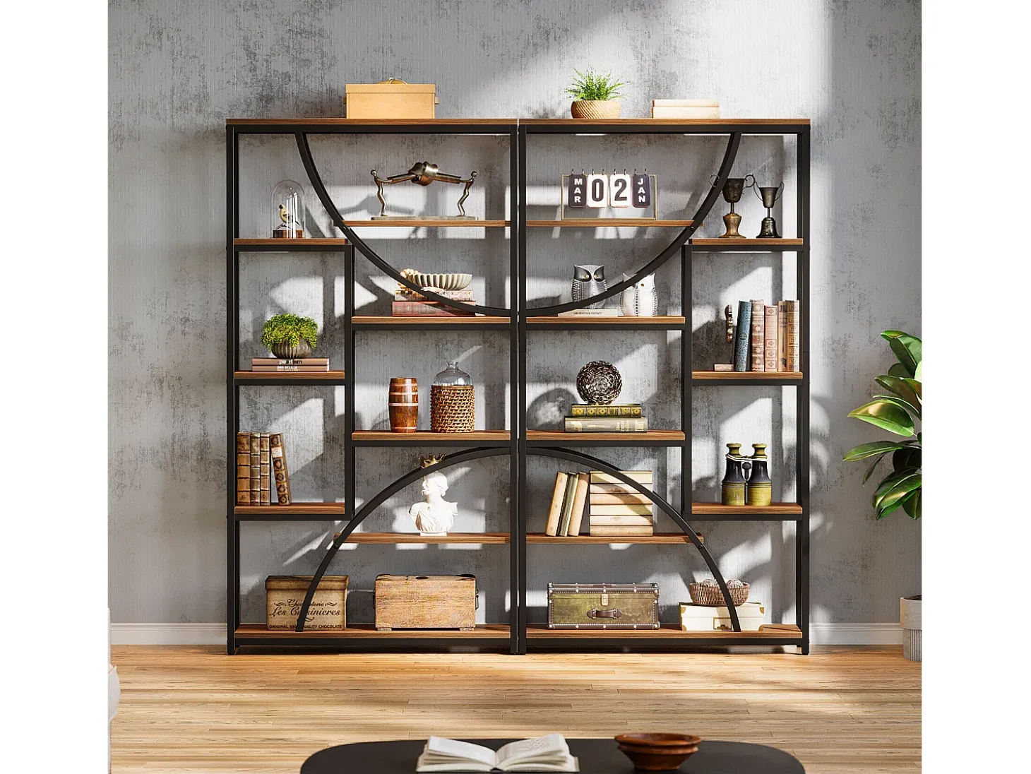 Estante de Livros de 180 cm de Altura, Estante Industrial de 9 Andares, Grandes Estantes Geométricas com Gaveta Aberta, Estante de Exposição Independente