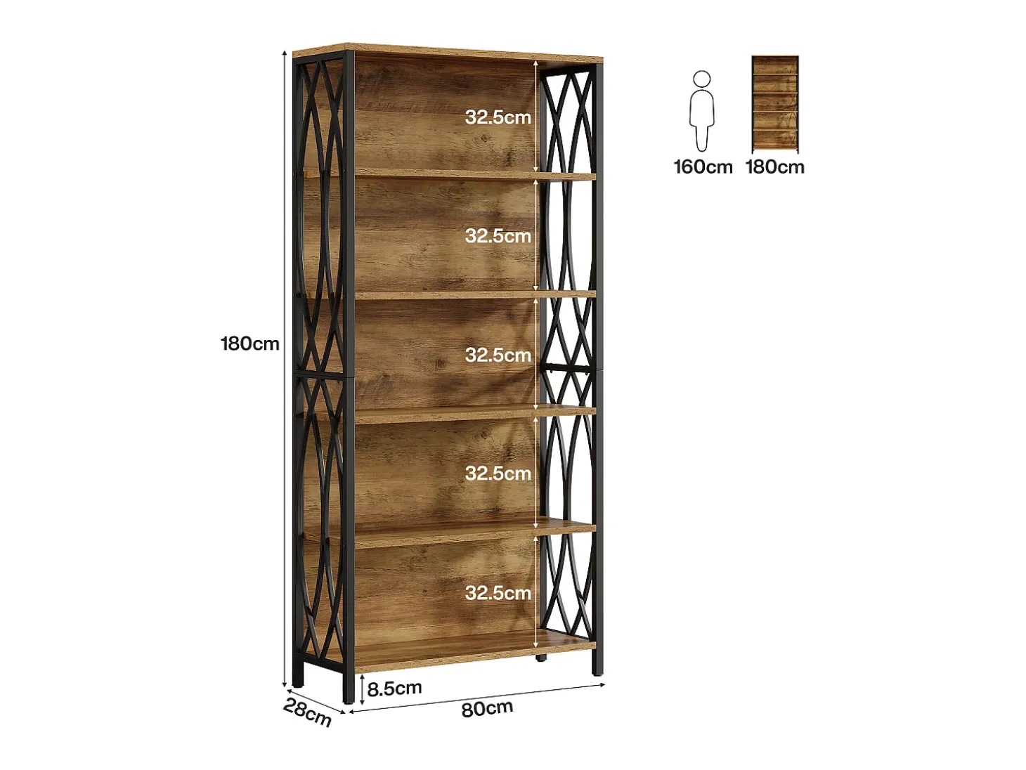 Estante de Livros de 180cm de Altura, Estante Industrial de 6 Andares com Estrutura Metálica Geométrica e Prateleiras de Armazenamento Abertas