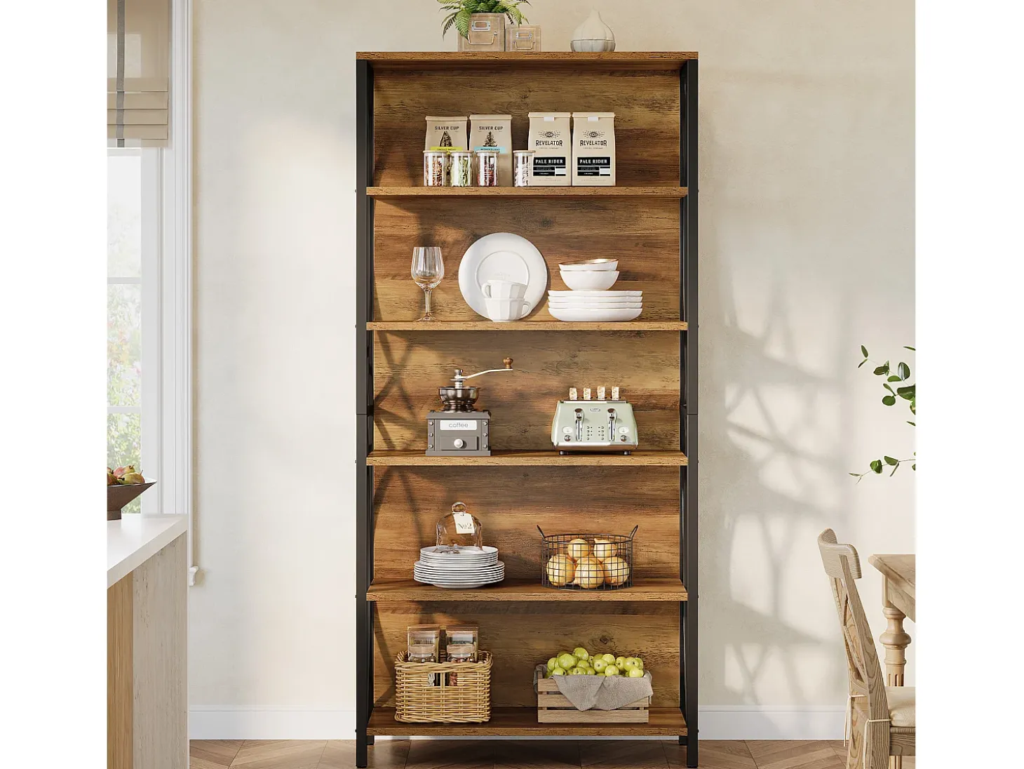 Estante de Livros de 180cm de Altura, Estante Industrial de 6 Andares com Estrutura Metálica Geométrica e Prateleiras de Armazenamento Abertas