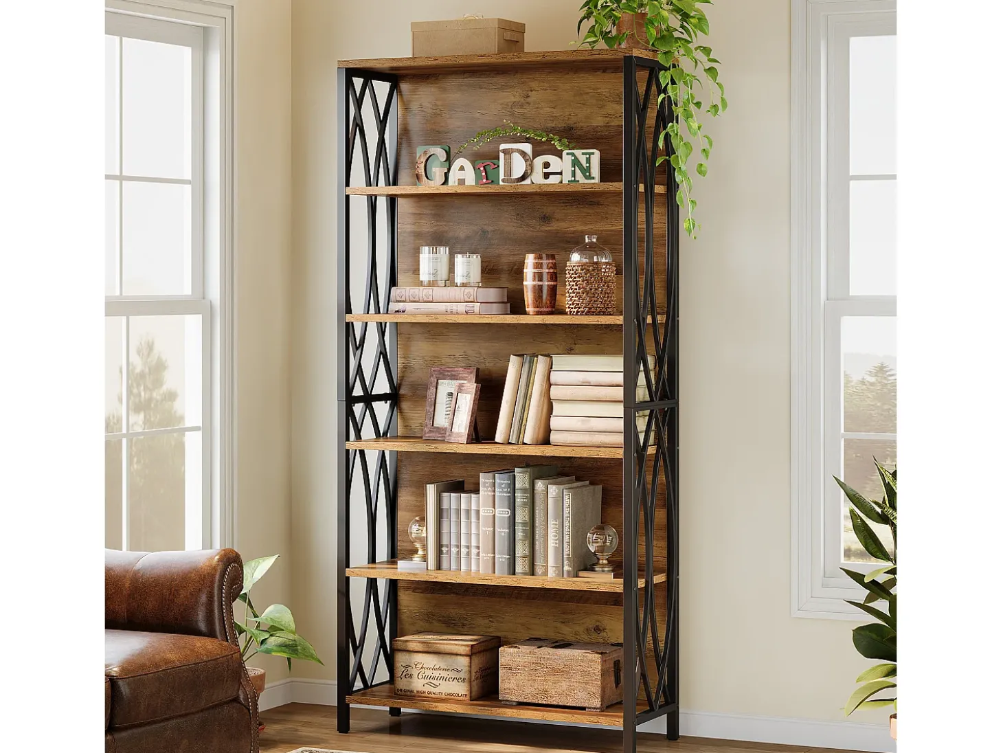 Estante de Livros de 180cm de Altura, Estante Industrial de 6 Andares com Estrutura Metálica Geométrica e Prateleiras de Armazenamento Abertas