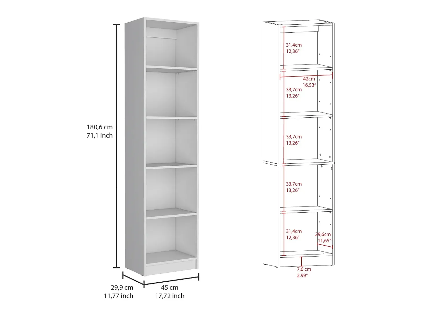 Estante de melamina Home Xs, com 5 prateleiras e design elegante , 180.59 cm X 45 cm X 29.89 cm , Branco