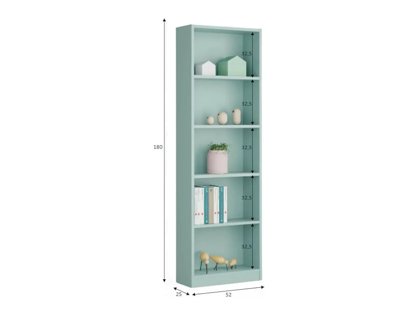 Estante Dmacagg, Estante alta com 5 prateleiras, Estante de escritório ou quarto, Estante moderna com compartimentos, 52x25h80 cm, Verde água