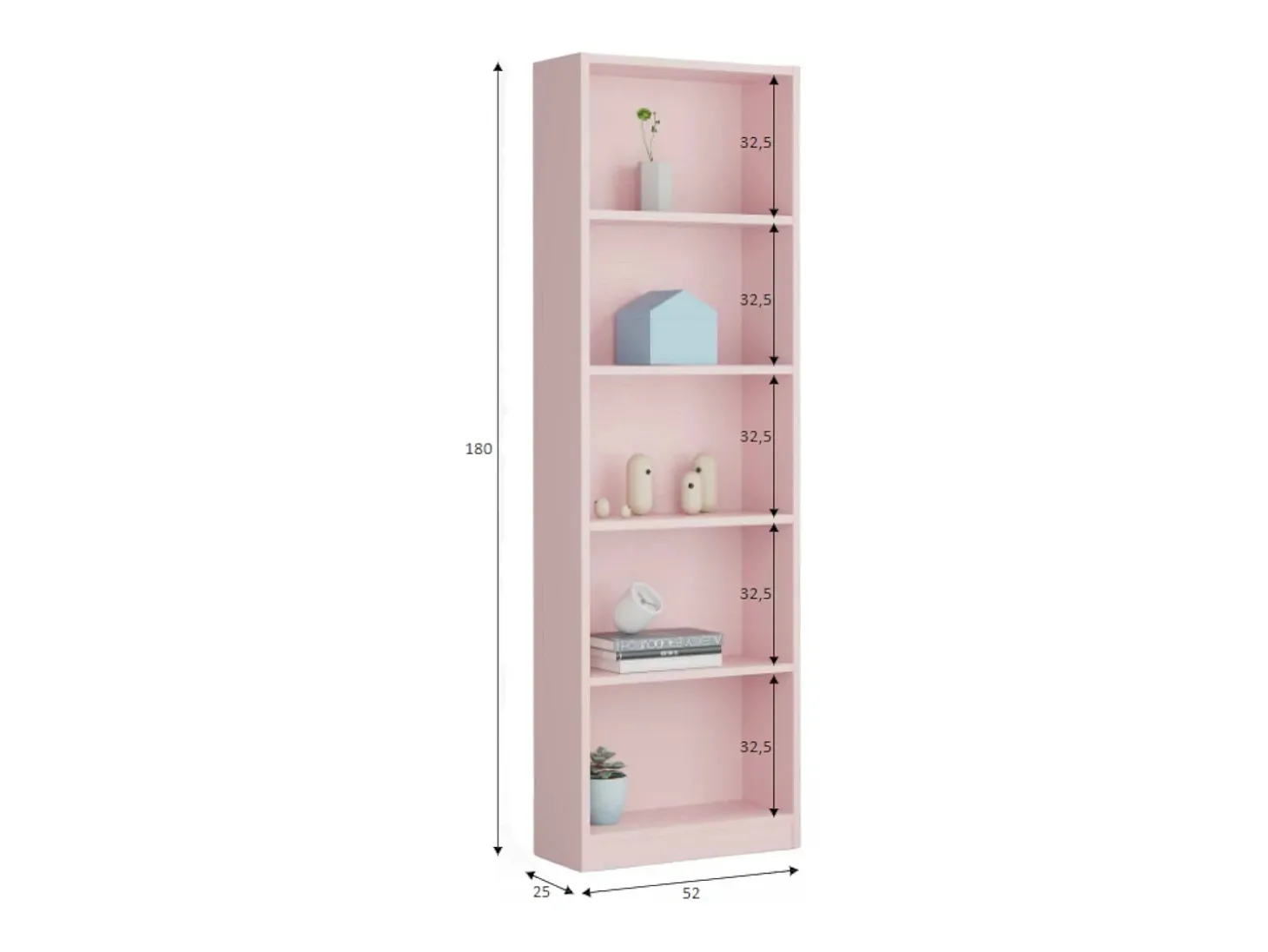 Estante Dmacagg, Estante alta com 5 prateleiras, Estante de escritório ou quarto, Estante moderna com compartimentos, 52x25h180 cm, Rosa