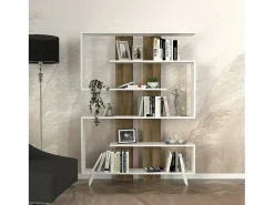 Estante Dmandell, Estante de escritório, Estante de livros, Biblioteca, 120x20h162 cm, Branco e Noz