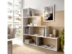 Estante Dmorr, Estante dupla face com 6 prateleiras, Prateleira divisória com compartimentos de escritório, 145x29h145 cm, Branco brilhante