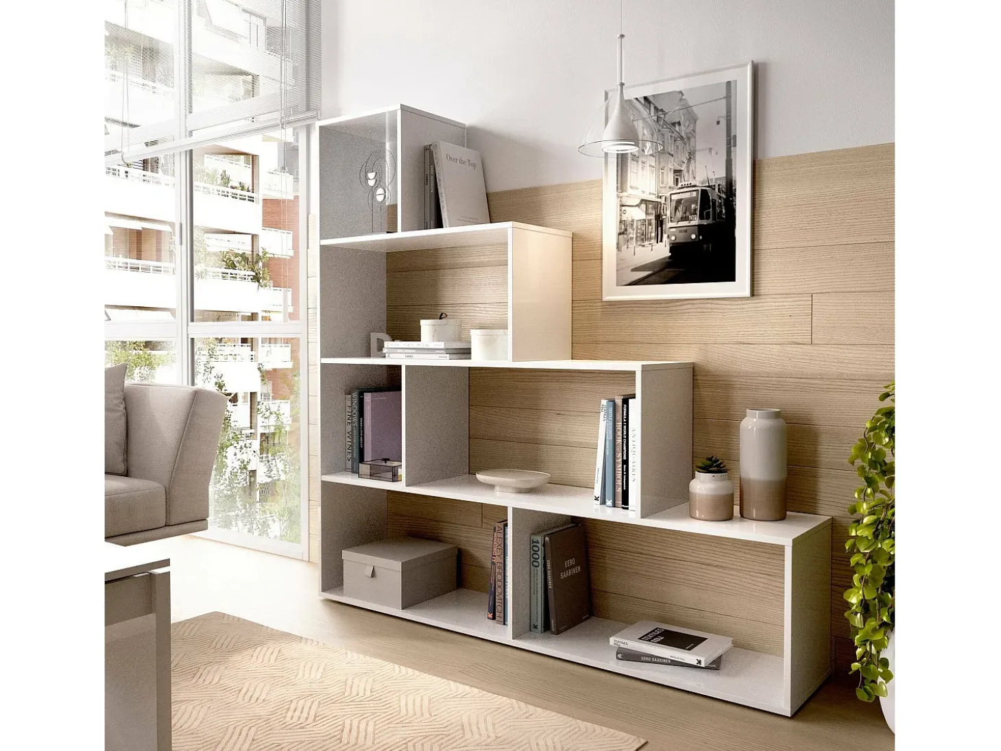 Estante Dmorr, Estante dupla face com 6 prateleiras, Prateleira divisória com compartimentos de escritório, 145x29h145 cm, Branco brilhante