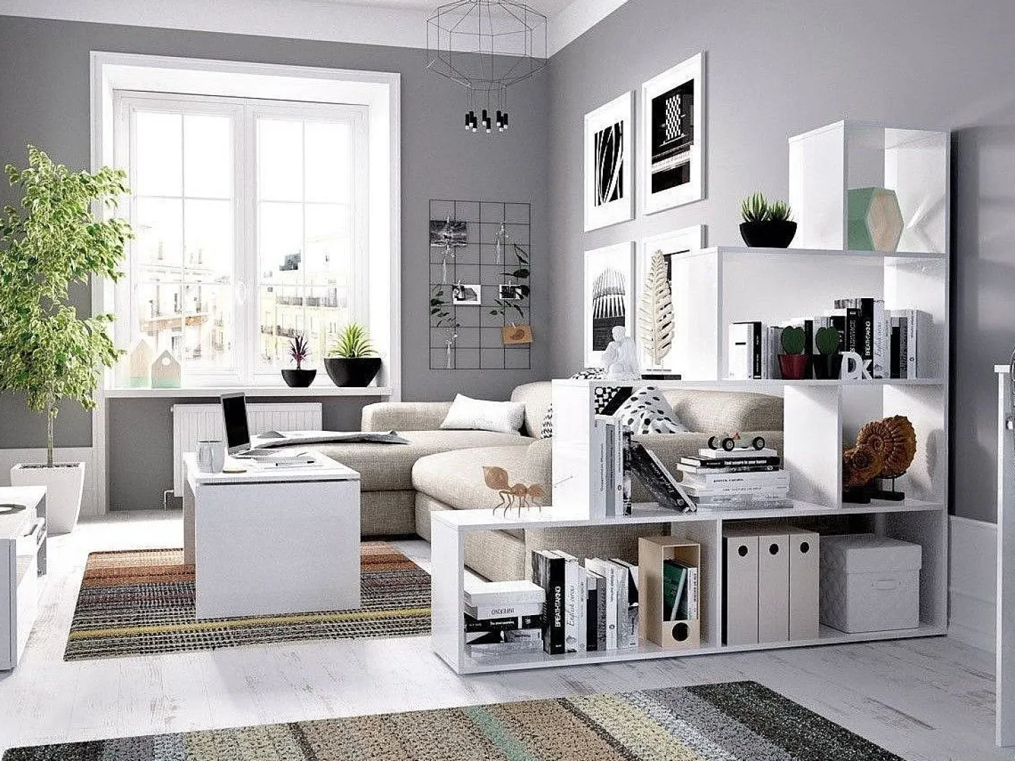 Estante Dmorr, Estante dupla face com 6 prateleiras, Prateleira divisória com compartimentos de escritório, 145x29h145 cm, Branco brilhante