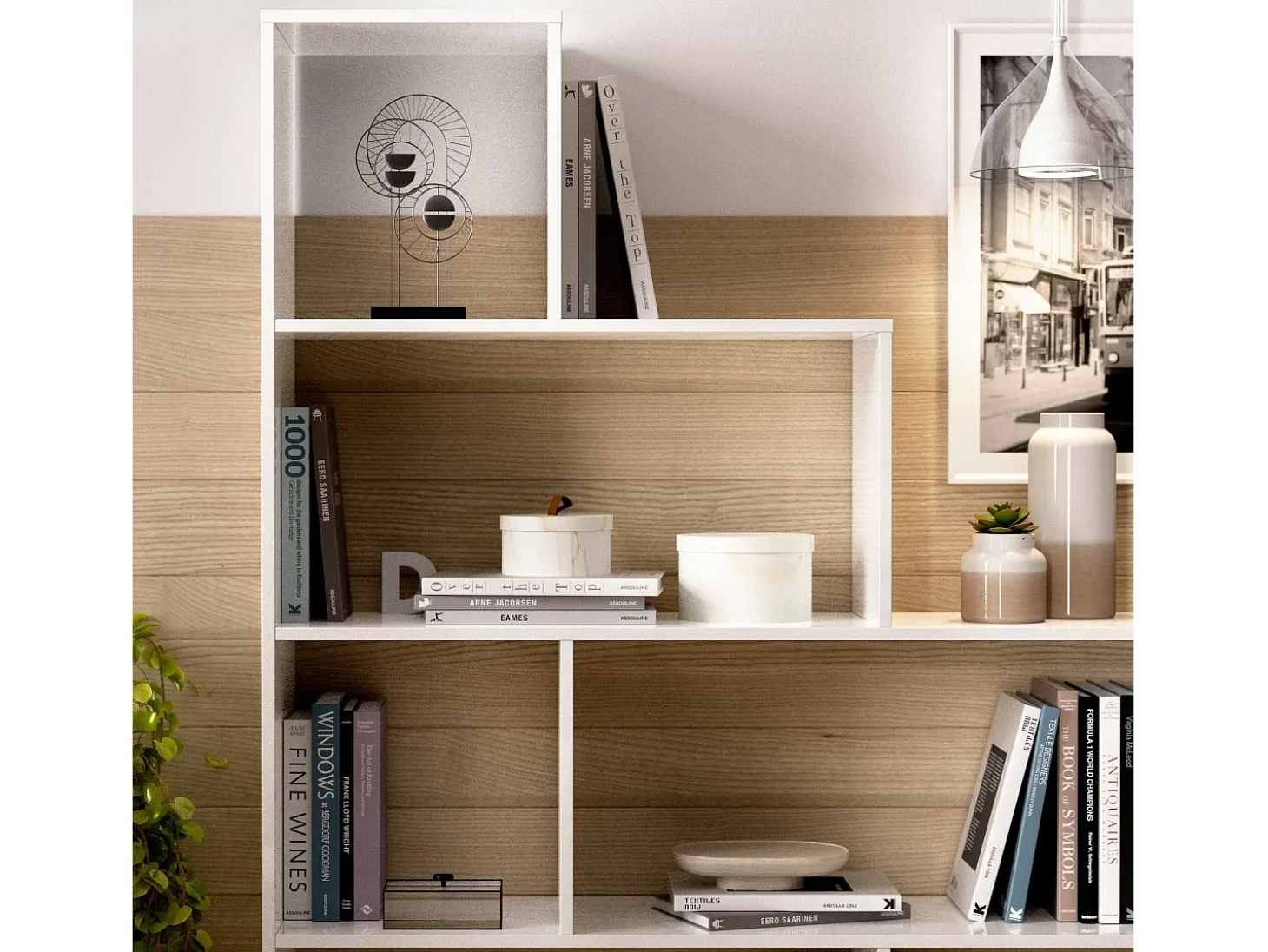 Estante Dmorr, Estante dupla face com 6 prateleiras, Prateleira divisória com compartimentos de escritório, 145x29h145 cm, Branco brilhante