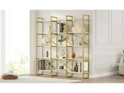 Estante Dpezzott, Estante de escritório, Estante de livros, Biblioteca, 170x30h175 cm, Branco e Dourado