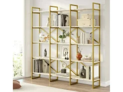 Estante Dpezzott, Estante de escritório, Estante de livros, Biblioteca, 170x30h175 cm, Branco e Dourado