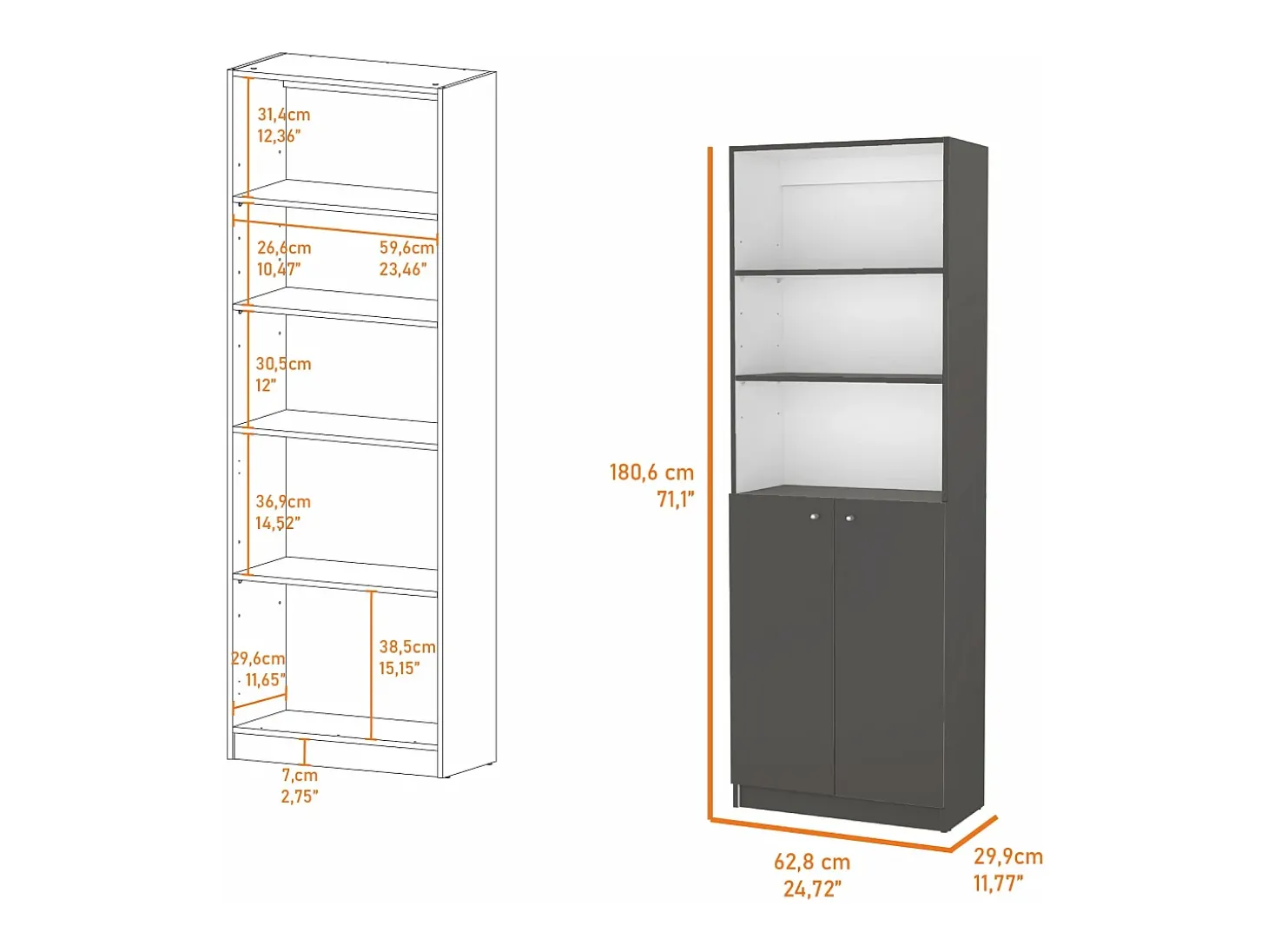 Estante em melamina Home com armário inferior e 3 prateleiras exteriores , 180.59 cm X 62.78 cm X 29.89 cm , Multicolor