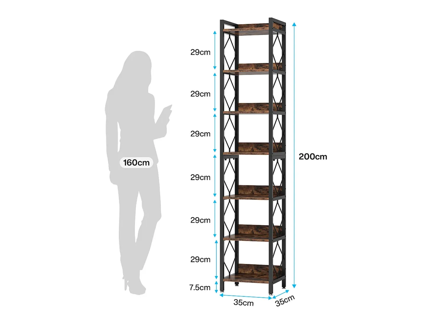 Estante estreita Extra Alta de 200 cm, estante Fina com 7 níveis para pequenos espaços, prateleiras independentes, Marrom Rústico