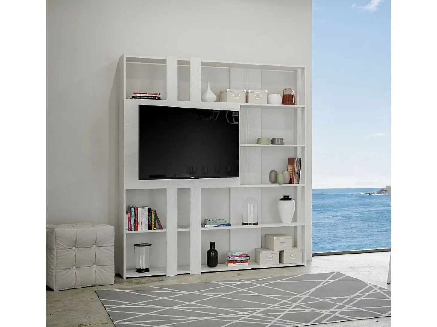 Estante Kato L com suporte para TV cinza branca
