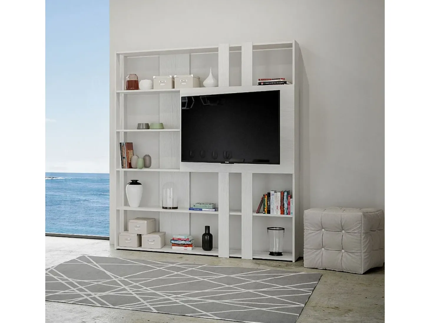 Estante Kato L com suporte para TV cinza branca