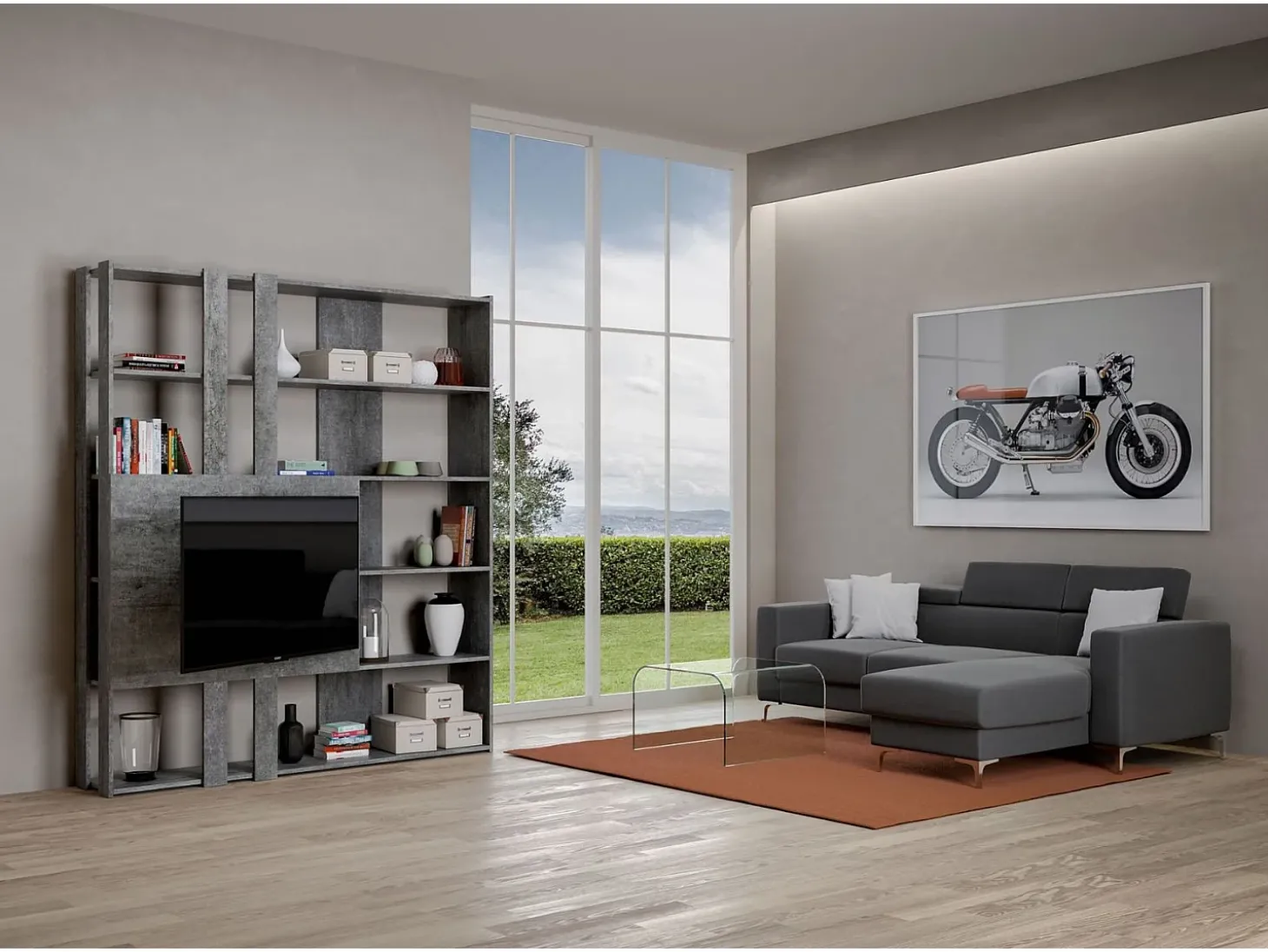 Estante Kato M com suporte para TV cimento