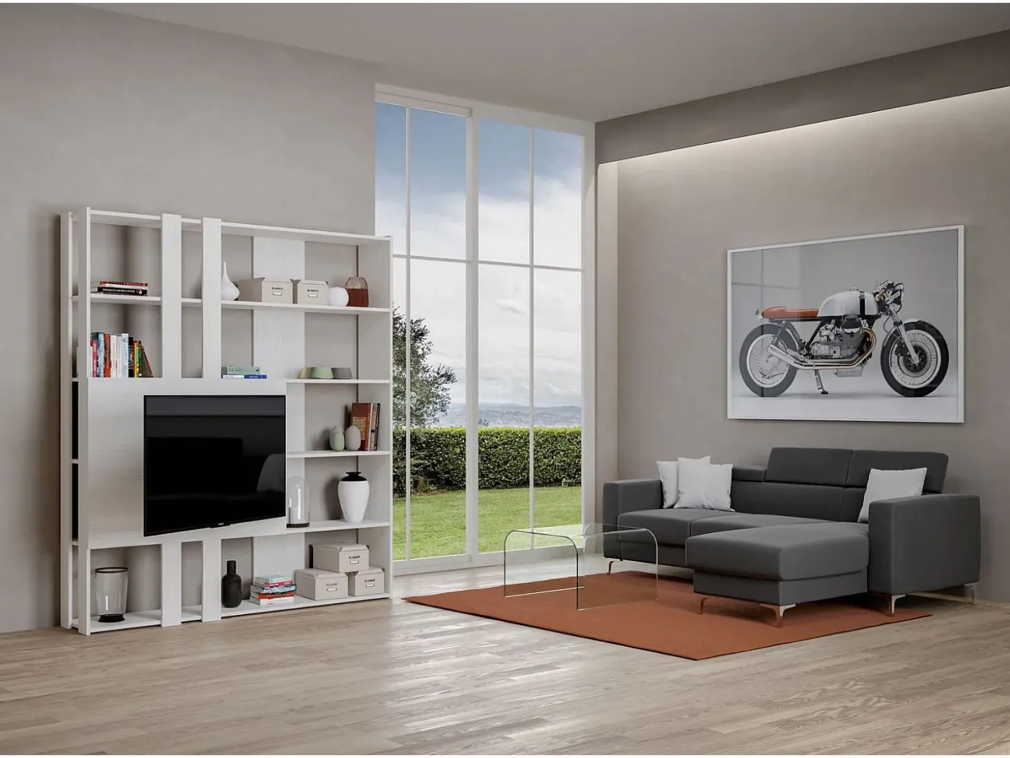 Estante Kato M com suporte para TV cinza branca