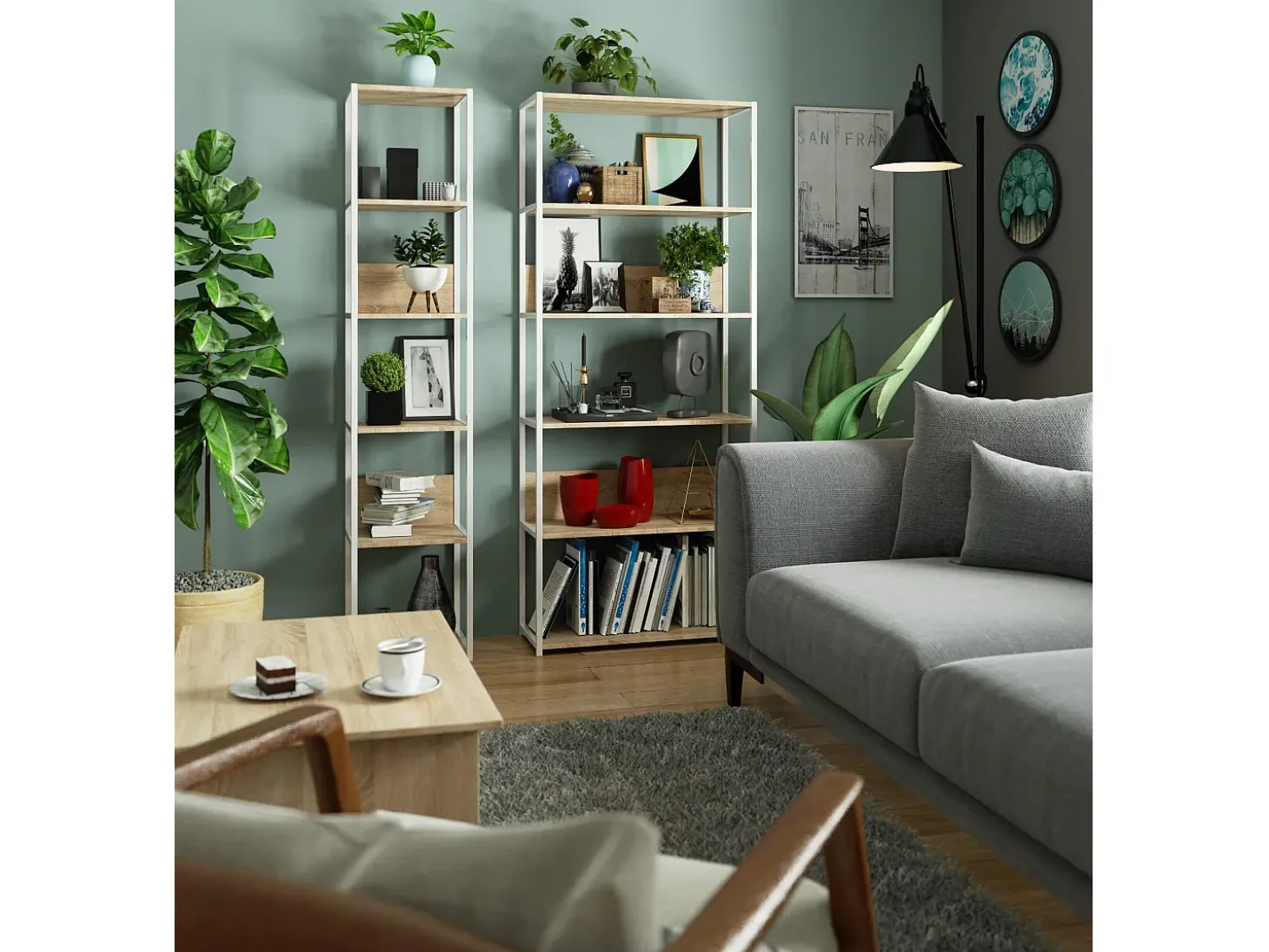 Estante Loft Metálica 80 cm - Branco/Carvalho Sonoma - 6 Prateleiras