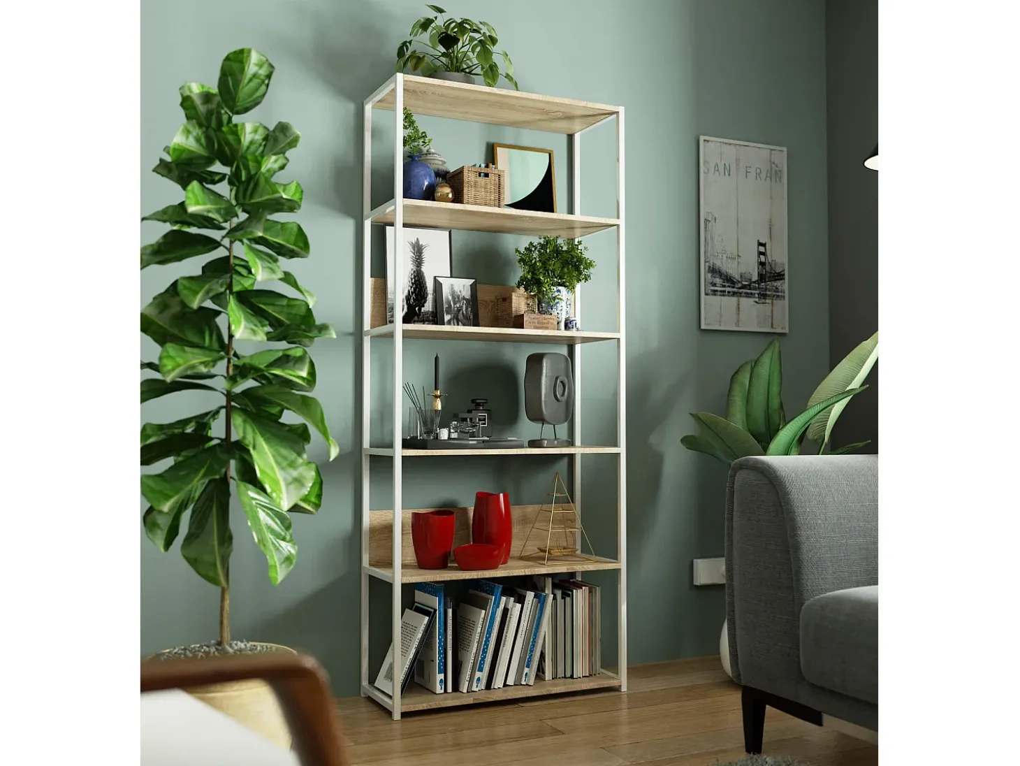 Estante Loft Metálica 80 cm - Branco/Carvalho Sonoma - 6 Prateleiras