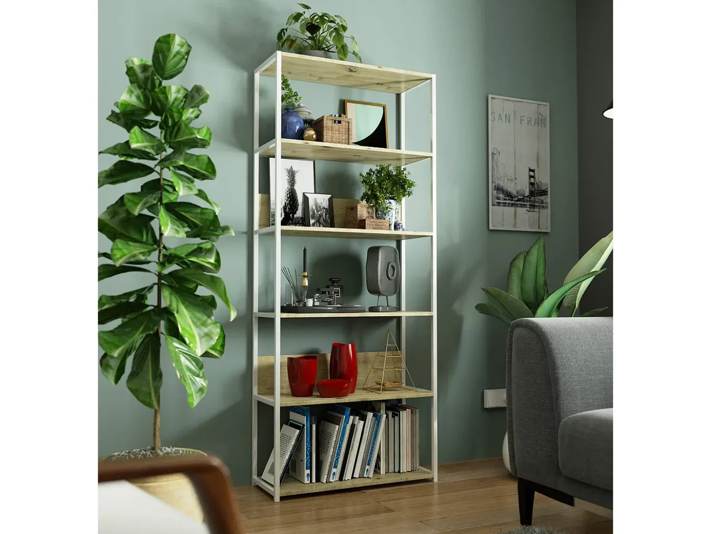 Estante Metálica Loft Branco/Carvalho Artisan 80 cm