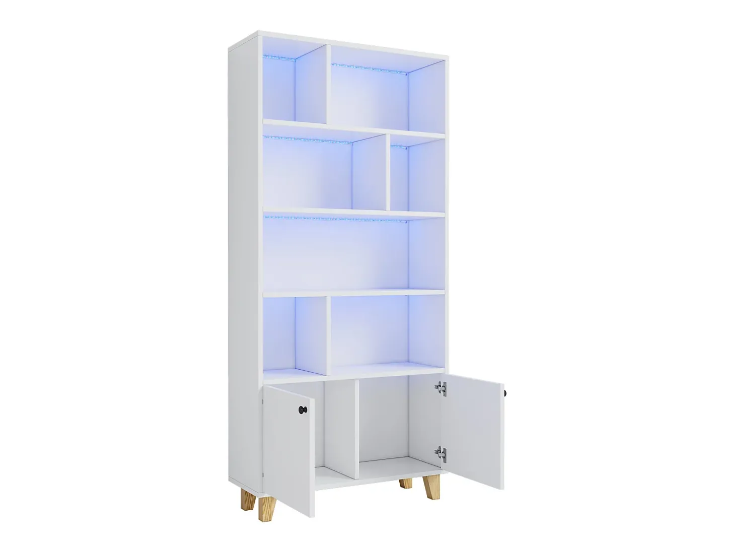 Estante moderna - 80 x 30 x 173 cm - com vários espaços de armazenamento + 2 portas + LEDs - Madeira maciça + MDF - branco