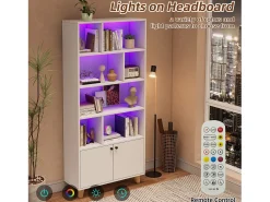 Estante moderna - 80 x 30 x 173 cm - com vários espaços de armazenamento + 2 portas + LEDs - Madeira maciça + MDF - branco