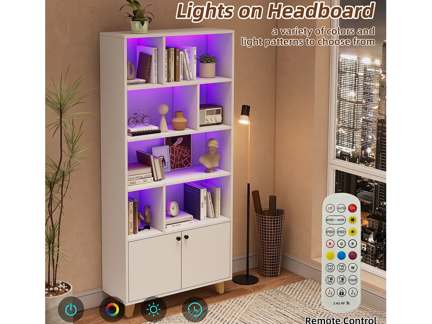 Estante moderna - 80 x 30 x 173 cm - com vários espaços de armazenamento + 2 portas + LEDs - Madeira maciça + MDF - branco