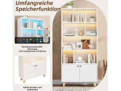 Estante moderna - 80 x 30 x 173 cm - com vários espaços de armazenamento + 2 portas + LEDs - Madeira maciça + MDF - branco