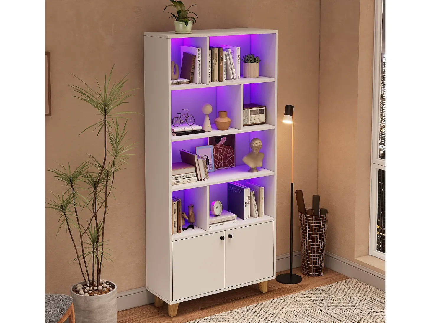 Estante moderna - 80 x 30 x 173 cm - com vários espaços de armazenamento + 2 portas + LEDs - Madeira maciça + MDF - branco